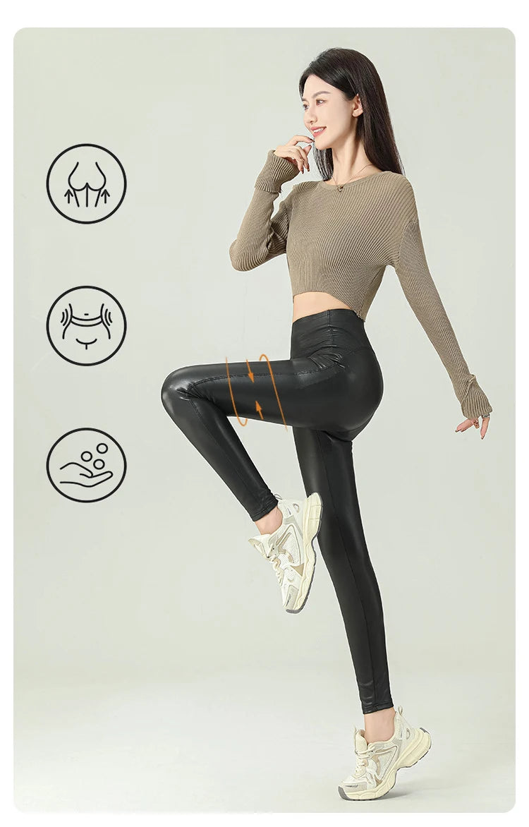 BIVIGAOS 2024 Fall Winter High-Grade Fleece PU Leather Leggings Women High Waist Hip Lift Tight Sexy Faux Leather Warm Leggings