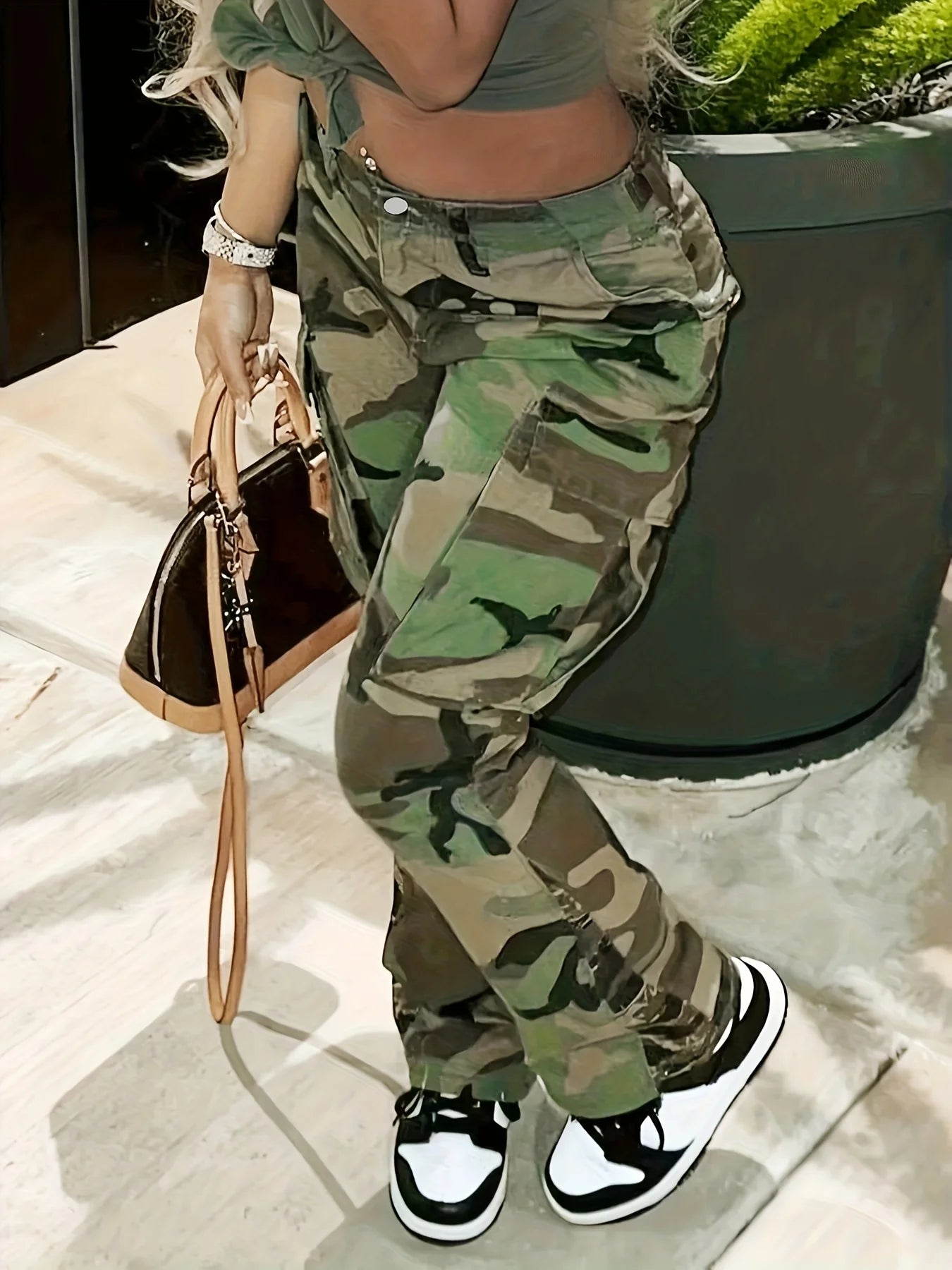 High Waist Straight Camouflage Cargo Jeans, Camo Print Medium Stretch Side Flap Pocket High Rise Denim Pants, Women's Denim Jean