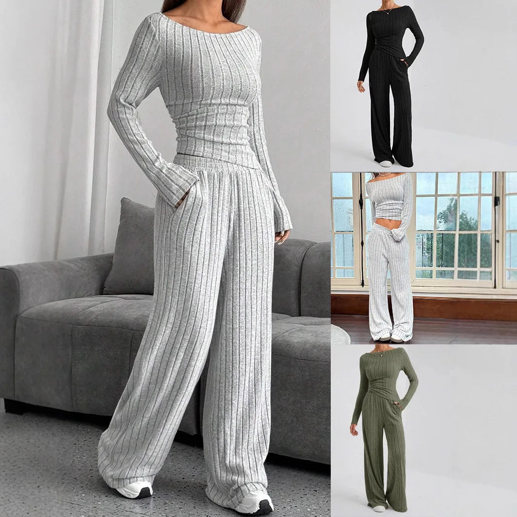 2024 Spring Knitted 2 Piece Sets Women Tracksuit Long Sleeve Vintage Sweater Crop Top Flare Pants Stretch Matching Suit Outfit