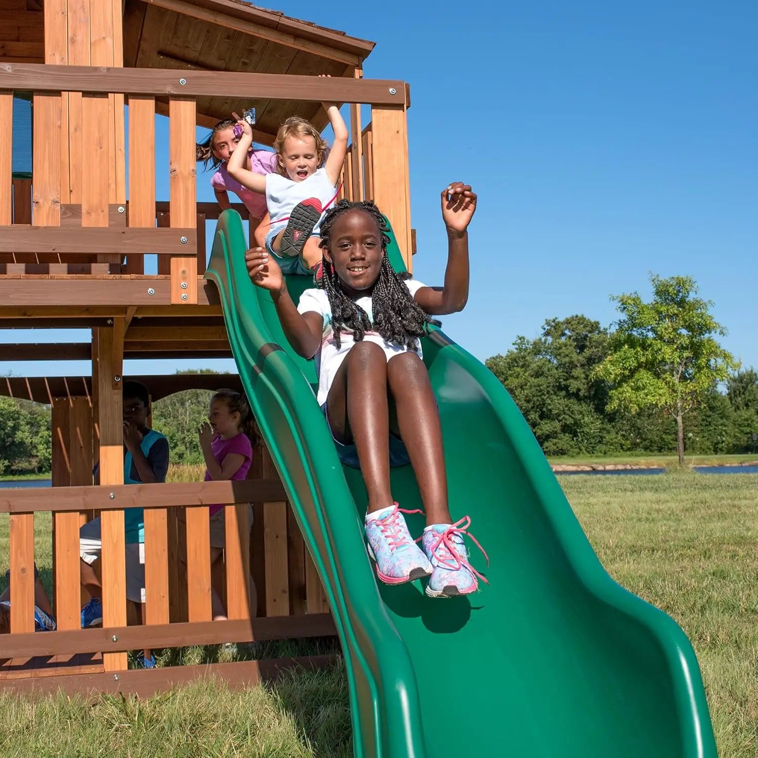 Wood Swing Set, Upper and Lower Deck, Sandbox, Vented Tunnel, Rock Climbing Wall