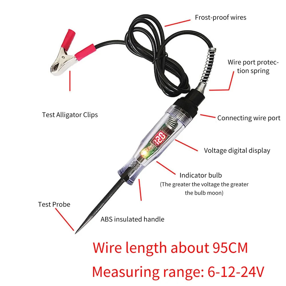 6V 12V 24V Auto Truck Voltage Circuit Tester DC Digital Display Long Probe Pen Light Bulb Automobile Diagnostic Tool Auto Repair