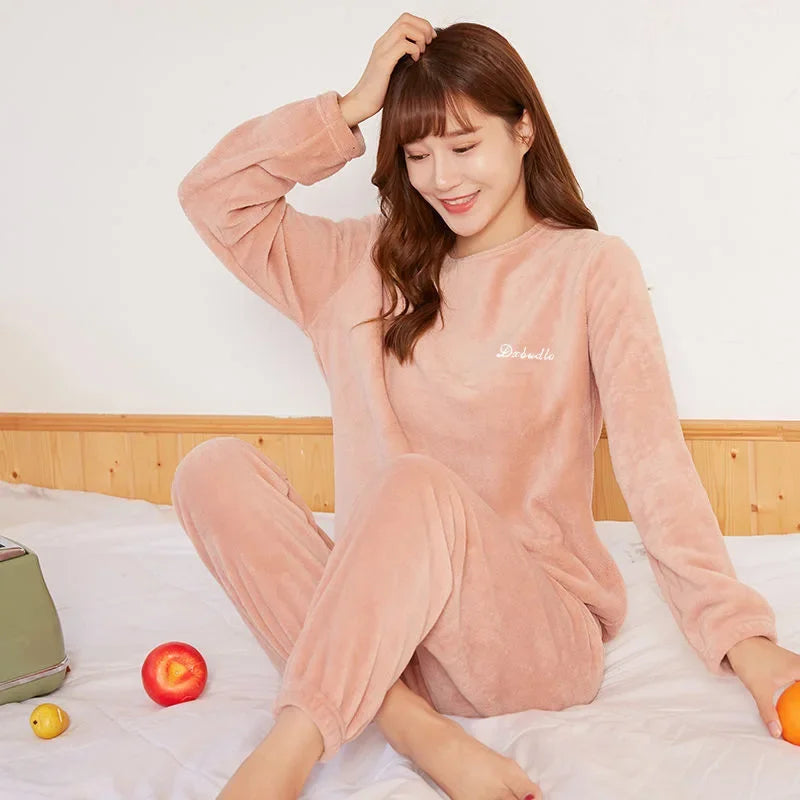 2024 Winter Pyjamas Warm Flannel Women Thick Leisure Wear Simplicit Coral Velvet Long Sleeve Solid Sleepwear Pajamas Set