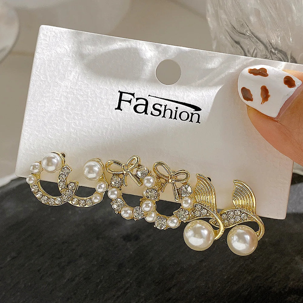 LATS Bow Fishtail Pearl Moon Earrings for Women Popular Gold Color Crystal Earrings Set Fashion Jewelry Accessories Gifts