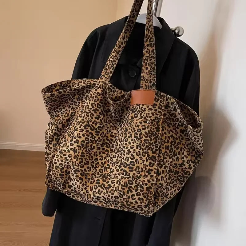 Leopard Pattern Tote Bag Vintage Canvas Shoulder Bag Fashion Big Capacity Handbag For School Work Shopping