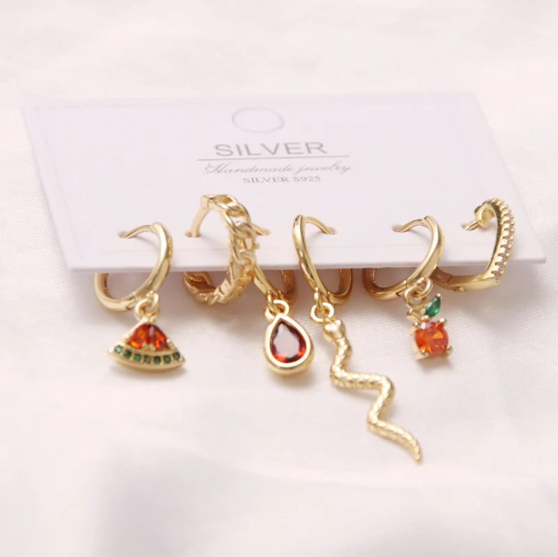 6 Pcs Fashion Exquisite Pearl Star Moon Enamel Zircon Dangle Ear Ring Set Korean Style Small Hoop Earring For Women Jewelry Gift