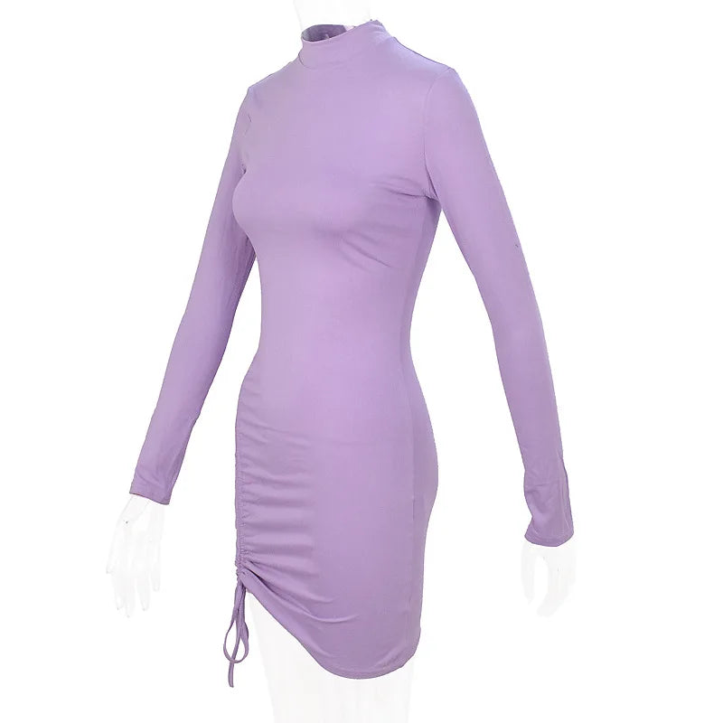 Elegant Lace Up Dress Solid Pleated Slim Fit Party Bodycon Female Sexy Mini Dresses Purple Black Vestidos