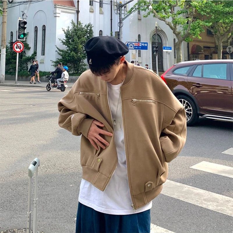 Brown Zipper Woolen Jacket Men's Light Luxury High Street Baseball Uniform Coat 2023 Autumn Winter Oversize Punk O-neck Jacket