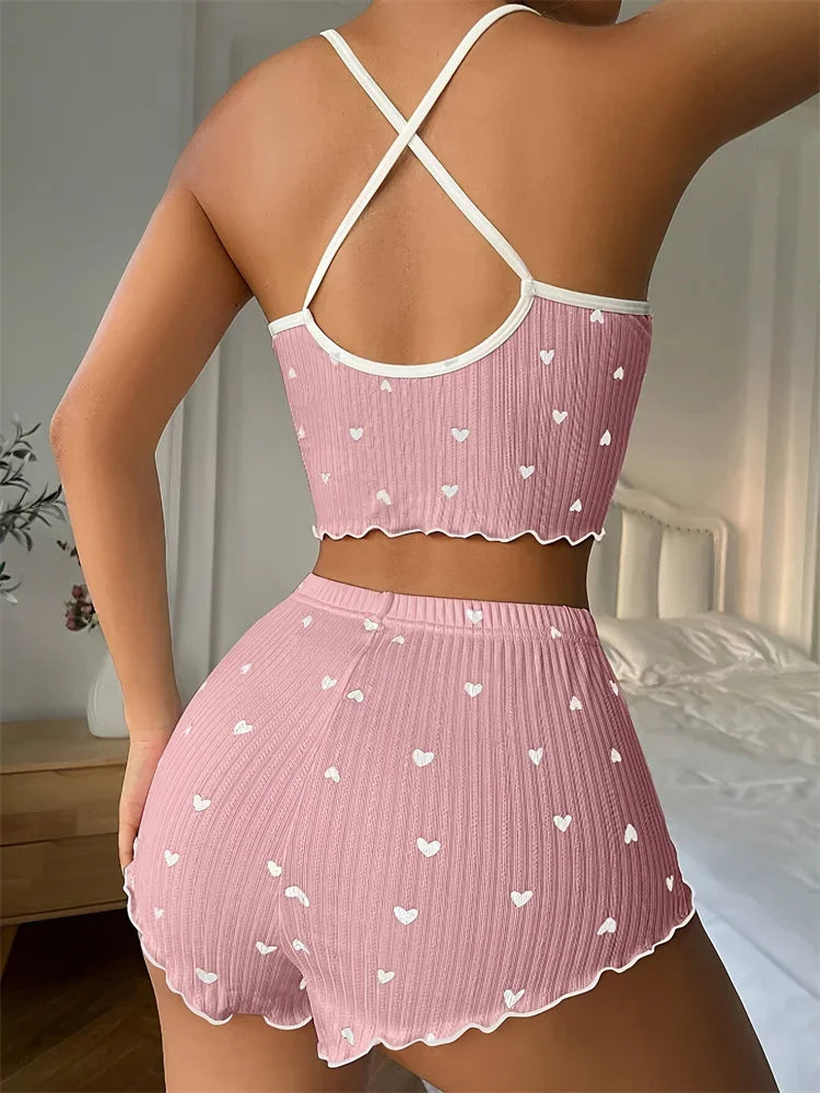 Women's Heart Print Ribbed Frill Trim Pajama Set, Cute Bow Notched Neck Cross Strappy Backless Crop Cami Top & Elastic Shorts