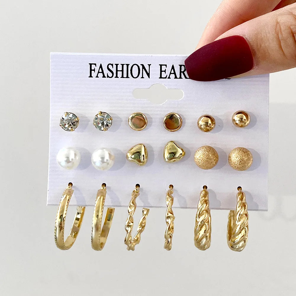 European and American cross-border new minimalist earrings wholesale creative minimalist retro pearl circle earring set 9 pairs