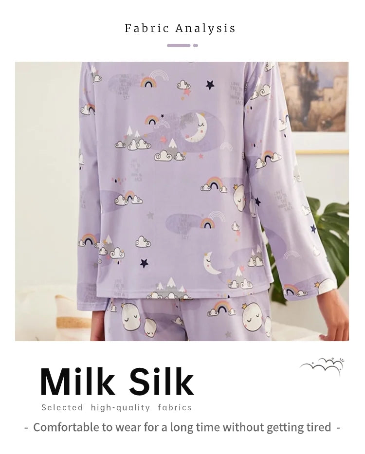 Autumn women's printed pure cotton sleepwear set with round neck long sleeved pants casual  comfortable two piece home suit set