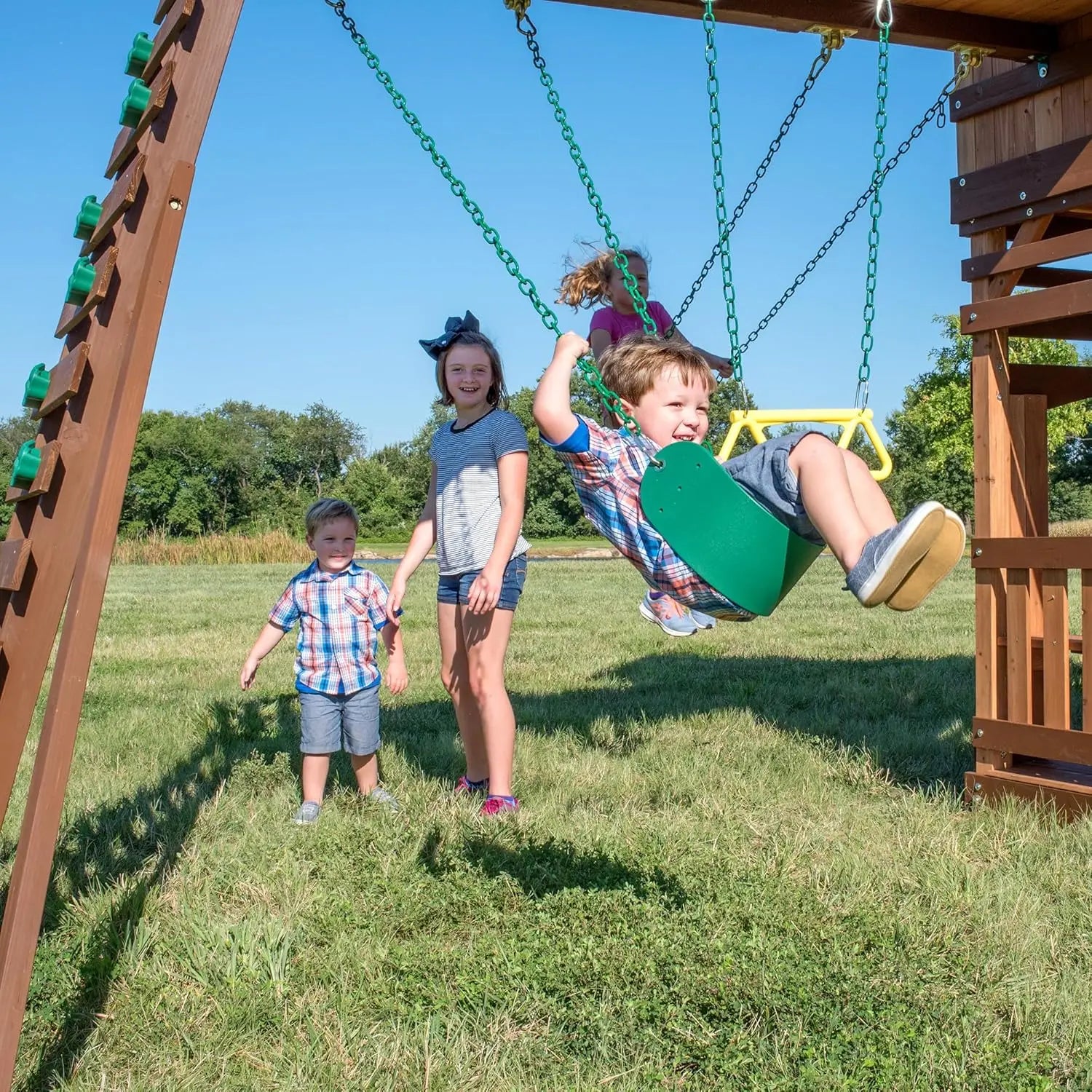 Wood Swing Set, Upper and Lower Deck, Sandbox, Vented Tunnel, Rock Climbing Wall