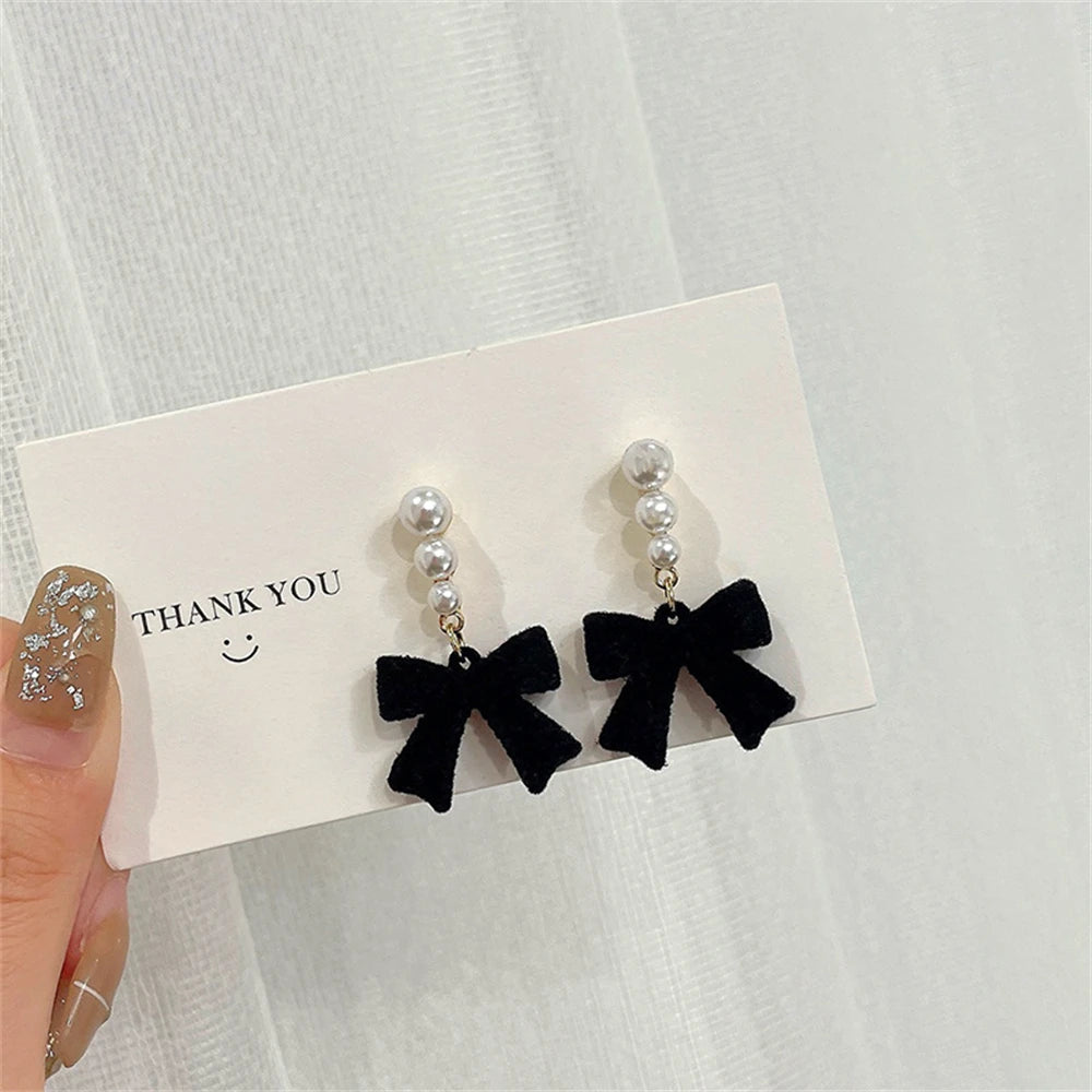 LATS Red Black Bowtie Earrings for Women Girls Simulated Pearl Cloth Bow Tie Earrings Jewelry Ear Accessories Beautiful Gifts