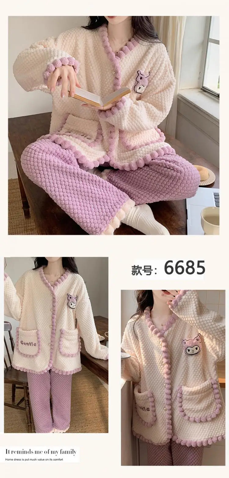 Anime Kuromi Pajamas Pants Suit Sanrioed Women Cute Kawaii Spring Winter Cardigan Plush Coral Fleece Cute Cartoon Warm Homewear