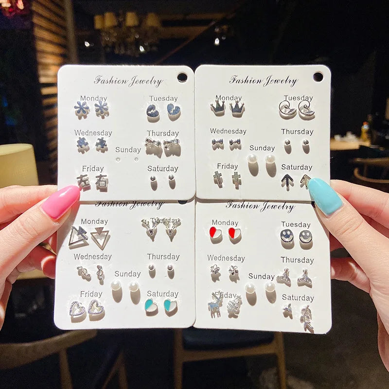 2024 Korean Fashion Exquisite Af Aweek Earrings Set 7 Pairs of Simple and Sweet  Earrings Set Combination of Week Jewelry Gifts