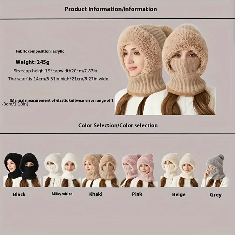 Winter Warm Cycling Hat Face Mask Cold-proof Thermal knitting Plush Balaclava Hat Hooded Neck Warmer Outdoor Hike Cycling Cap