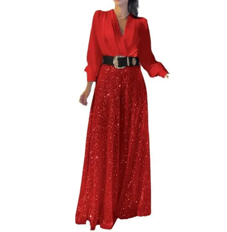 Spring/Summer New Fashion V-neck Long sleeved Waist Slim Fit Sequin Solid Color Jumpsuit,10 Colors And With Belt