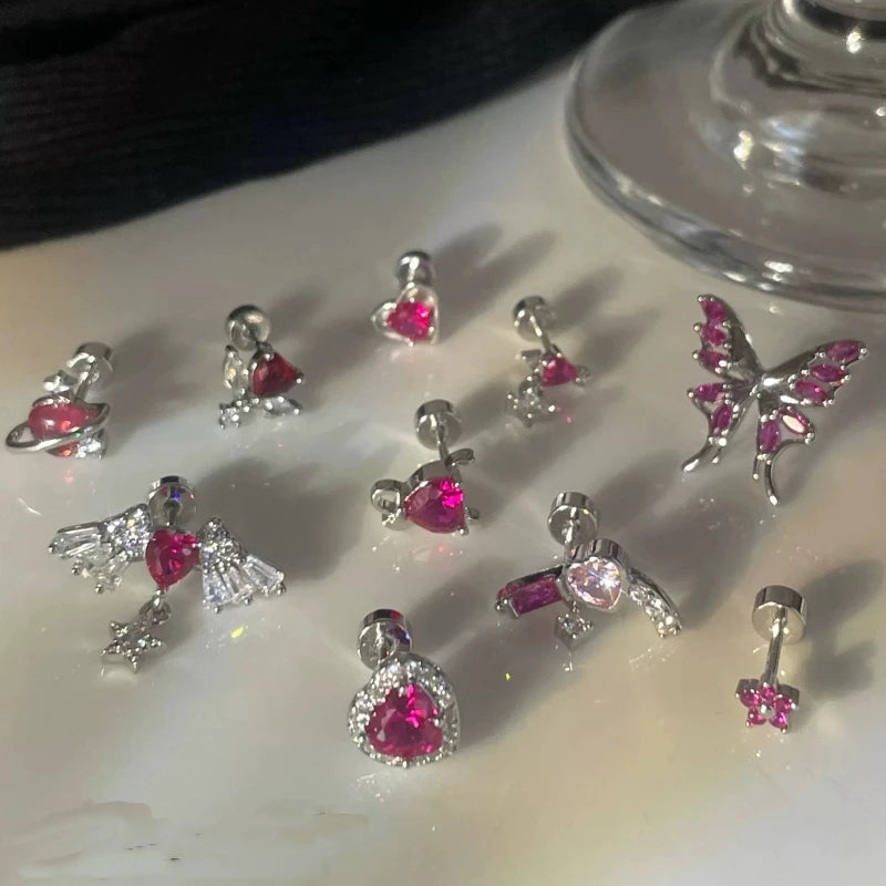 1 PC New Rose Red Color Zircon 316L Stainless Steel Ear Bone Nail Y2K Gothic Love Heart Small Earrings for Women Jewelry