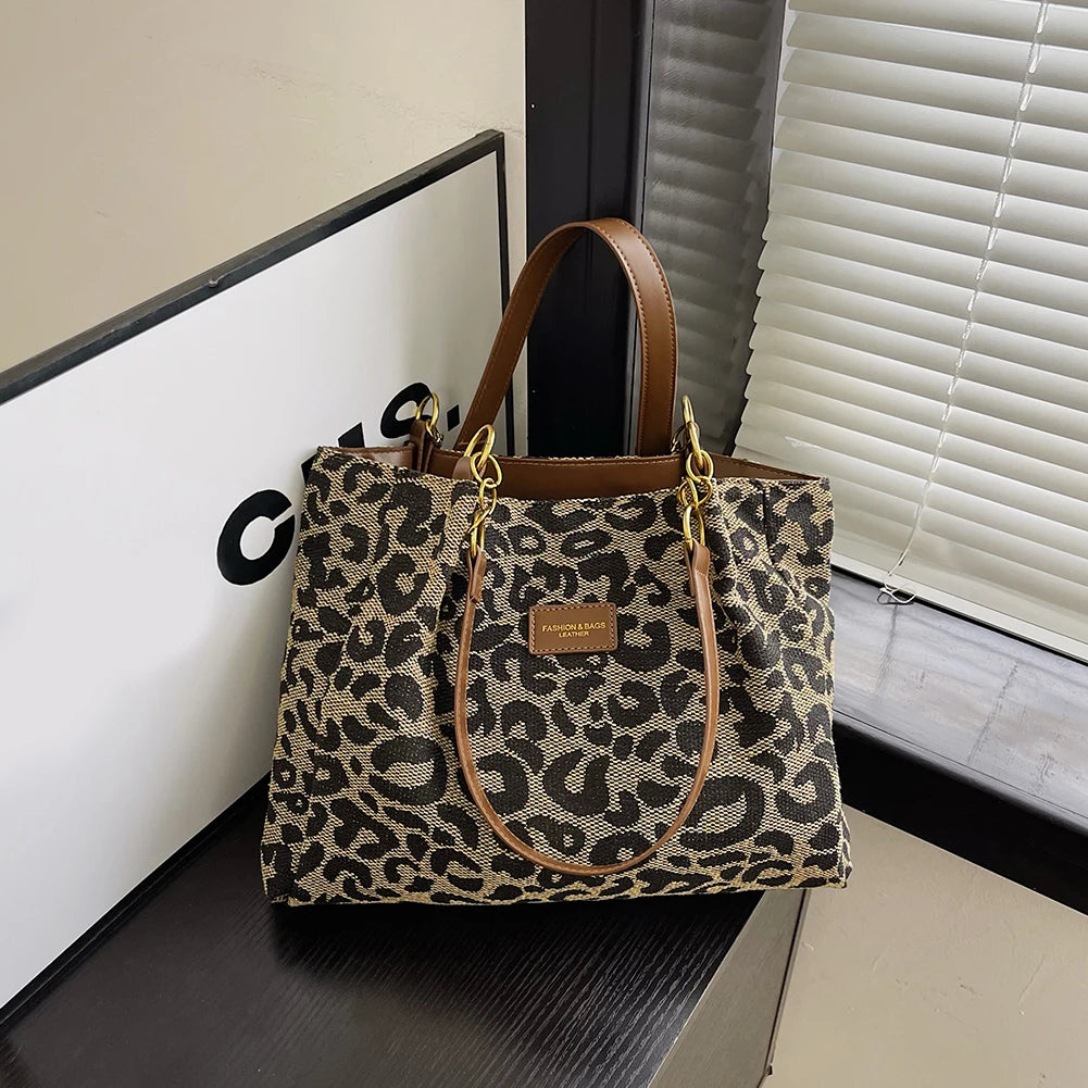 Women Shoulder Bag Leopard Print Canvas Handbag Multi-Pockets Underarm Bag for School Work Shopping