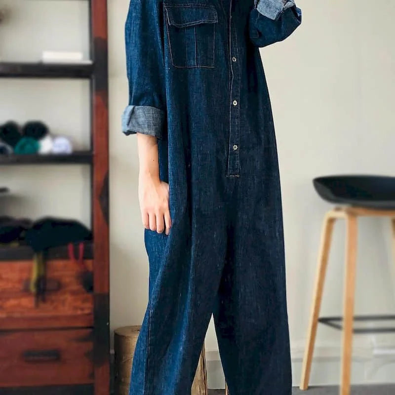 Oversized Denim Jumpsuit Suit Women Blue Denim Long Sleeve Playsuits High Waist New Fashion Tops Casual One Piece Outfit Women