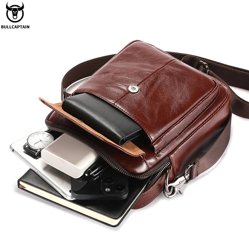 BULLCAPTAIN Men's Genuine Leather Shoulder Bag Multifunctional 7.9-inch Tablet Handbag Retro Casual Crossbody Bag Cowhide