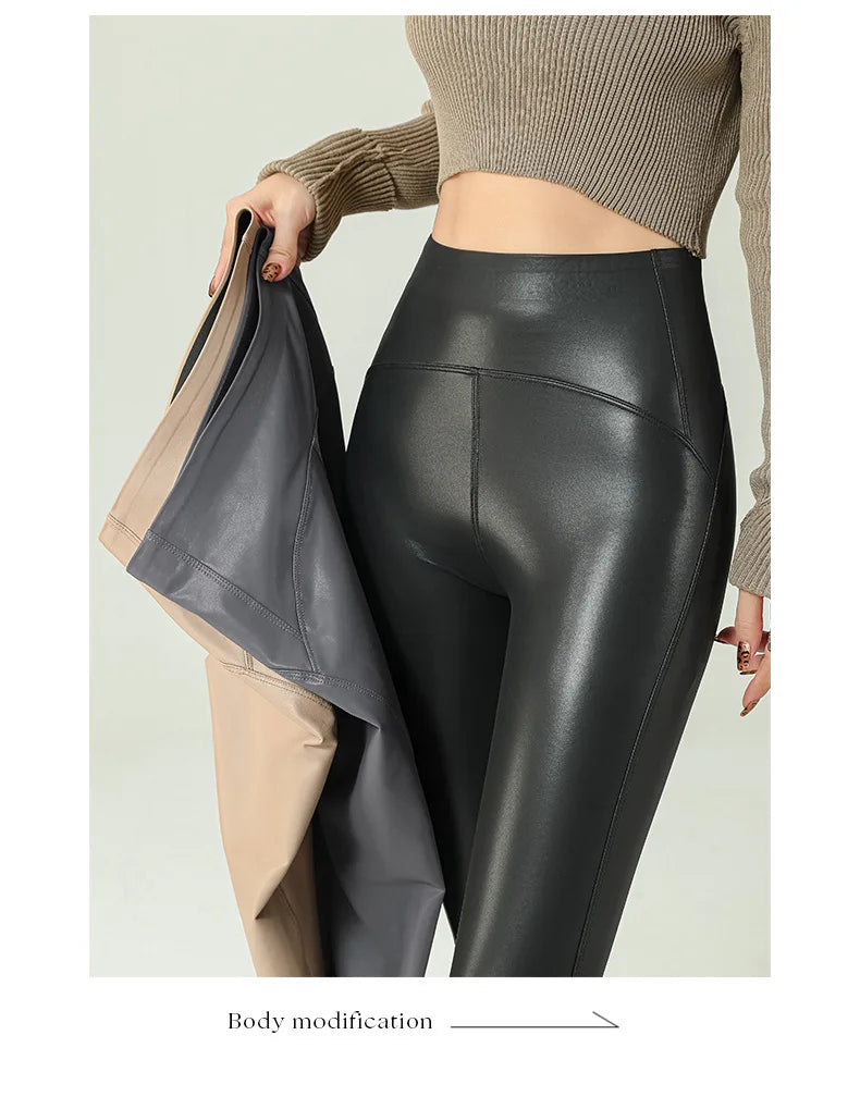 BIVIGAOS 2024 Fall Winter High-Grade Fleece PU Leather Leggings Women High Waist Hip Lift Tight Sexy Faux Leather Warm Leggings