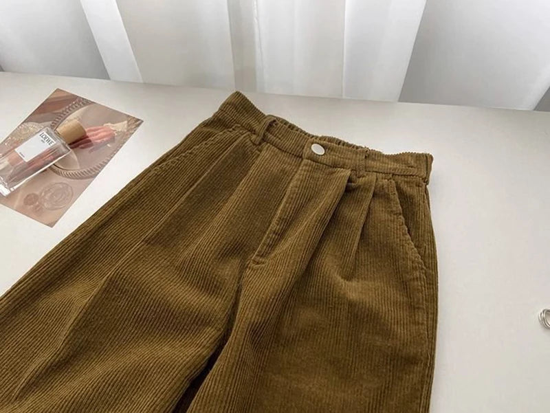 Retro High Waist Corduroy Pants Women Spring Fall Straight Causal Full Length Trousers Korean Fashion Baggy All Match Black Pant