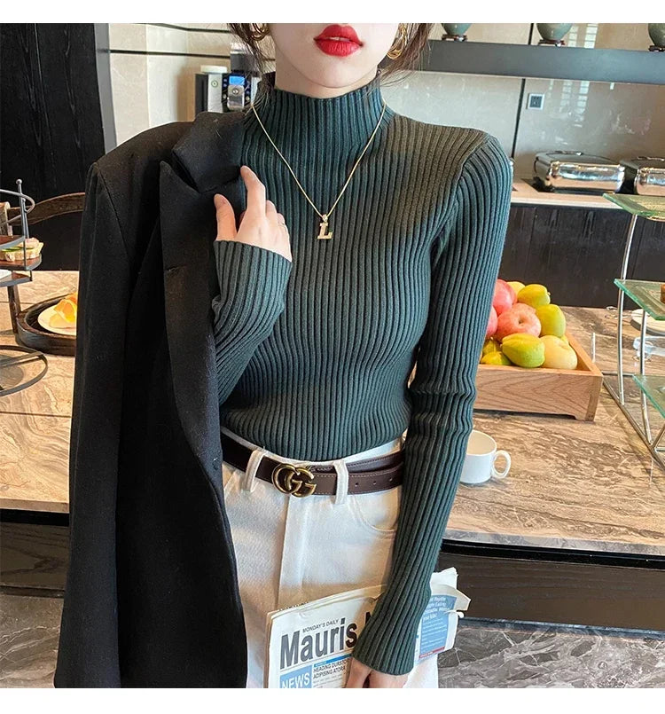 Autumn Winter Women Clasi Striped Solid Slim Y2k Turtleneck Sweater Pull Fashion Knitwears Pullovers Clothing Jumper Blouse