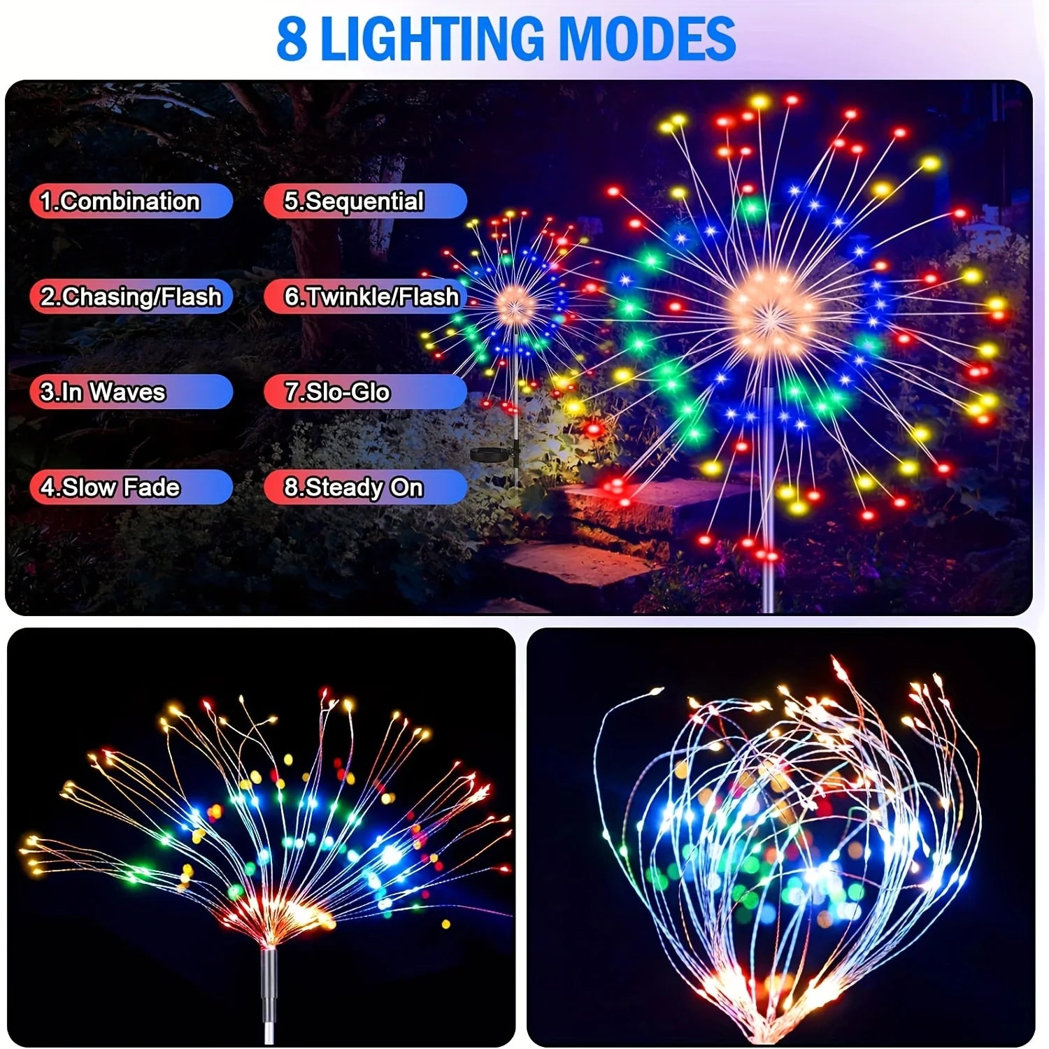 1pc Solar Powered String Lamp LED Solar Fireworks Lights Outdoor Dandelion Flash Fairy Lights for Garden Landscape Lawn Decor