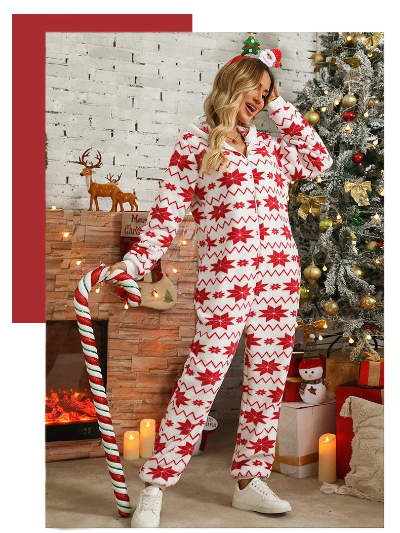 Europe and The United States Autumn and Winter New Loose Long-sleeved Trousers Christmas Printing Plush Hooded Jumpsuits Women