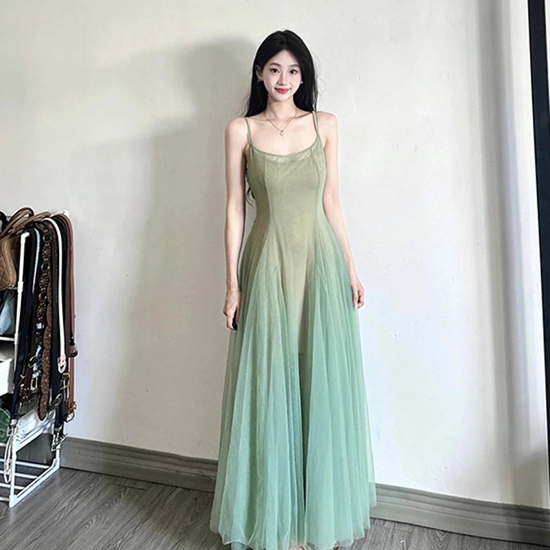 Women Mesh Spaghrtti Strap A-line Holiday Seaside Summer Princess Long Dress