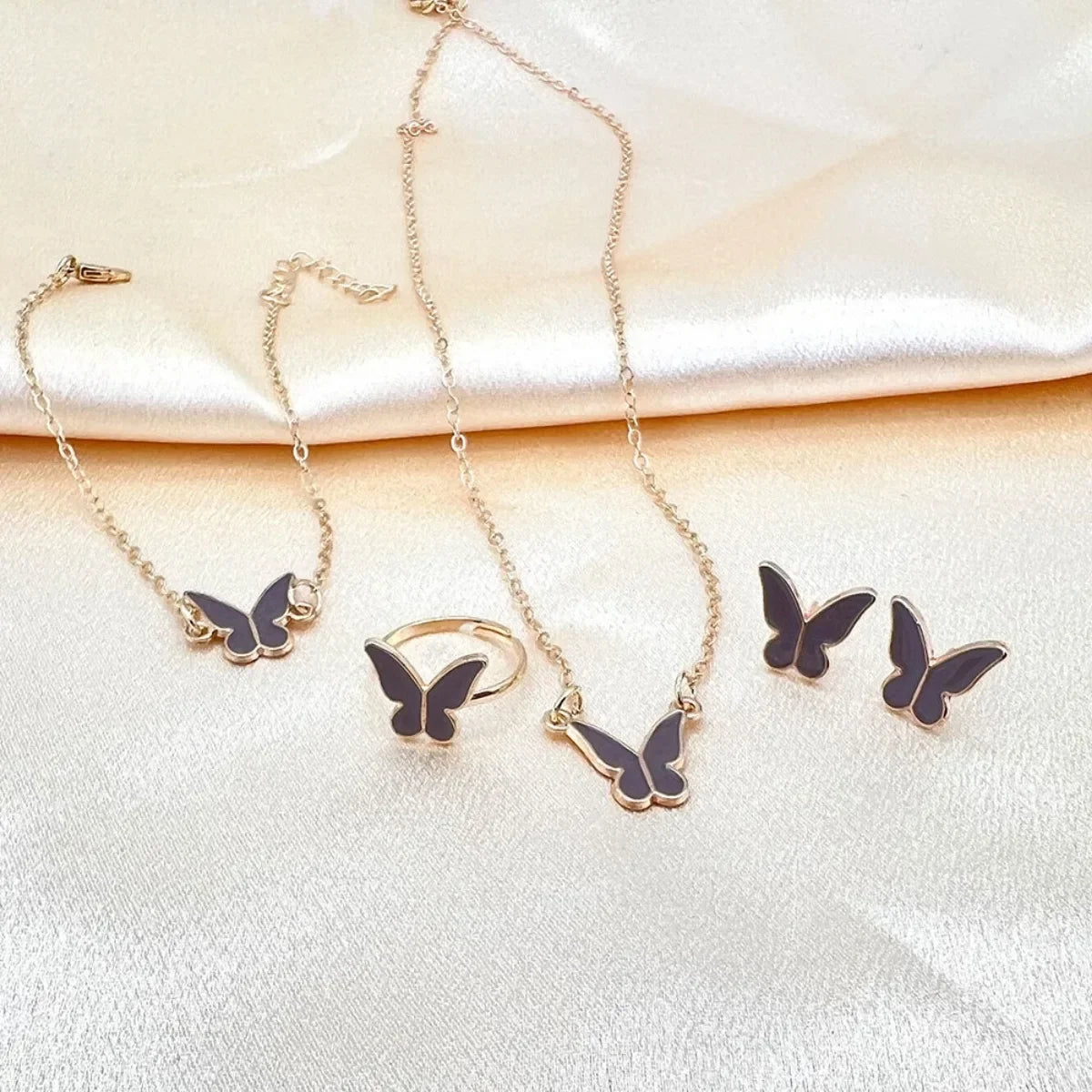 5PCS Enamel Colorful Butterfly Pendant Necklace for Women Girls Wedding Party Jewelry Set Chain Bracelet Stud Earrings Ring