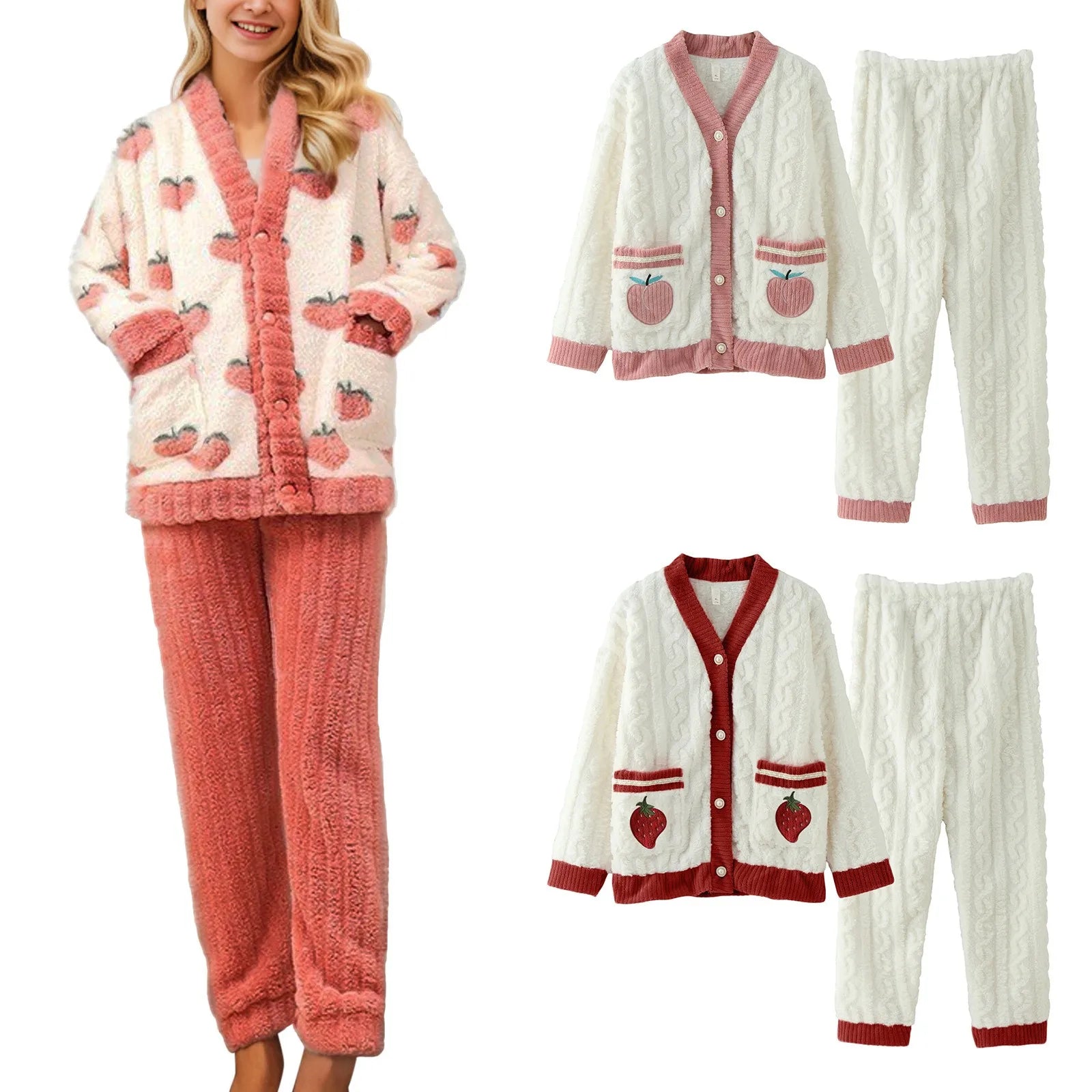 Women's Fleece Flannel Pajamas Set Cute Fruit Contrast Color Warm Plush Loungewear For Women Thickened Homewear Warm Nightwear