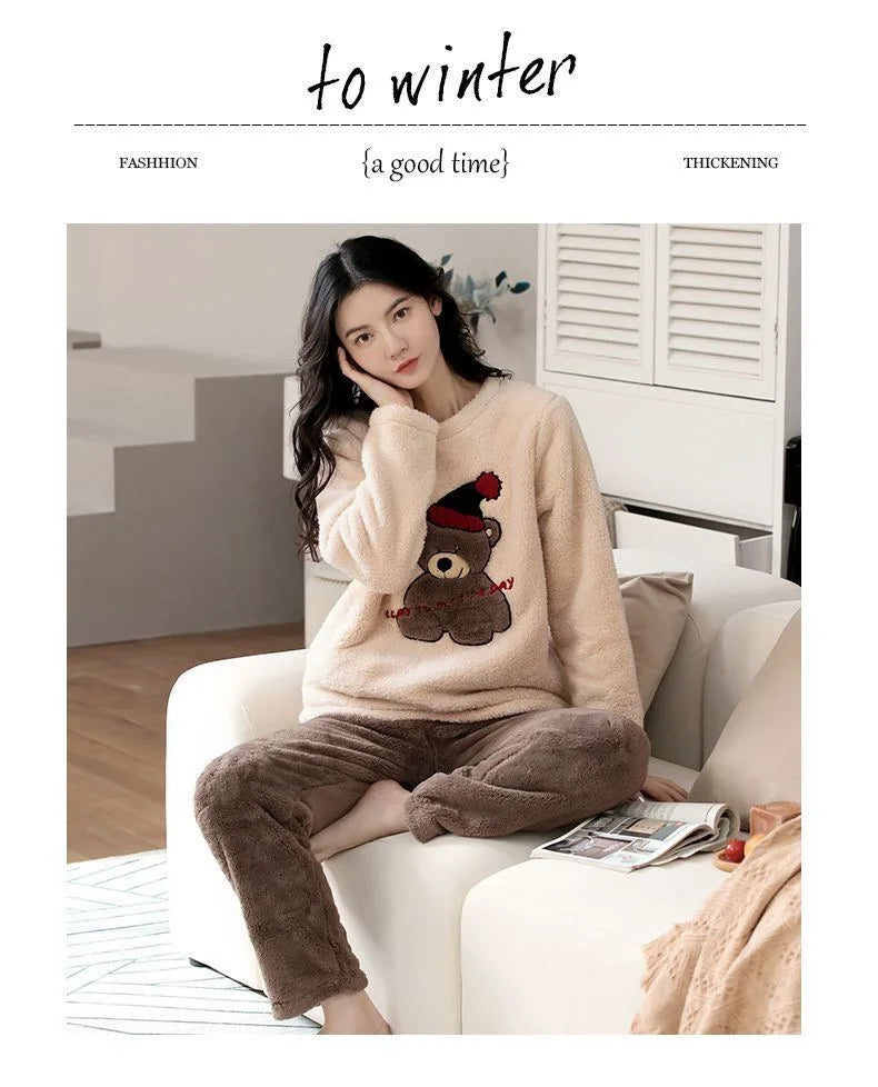 2pcs/Set Large Size Padded Thickened Warm Fall And Winter Women's Pajamas Long-Sleeved Long Pants Set Coral Velvet Cartoon Bear