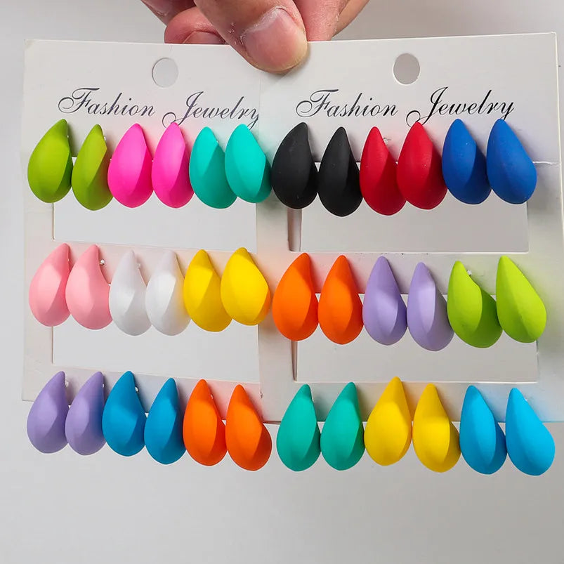 New 9Pair/Set Acrylic Small Chunky Waterdrop Earrings Dupes for Women Matte Colorful Dome Tear Drop Earring Hoops Trendy Jewelry