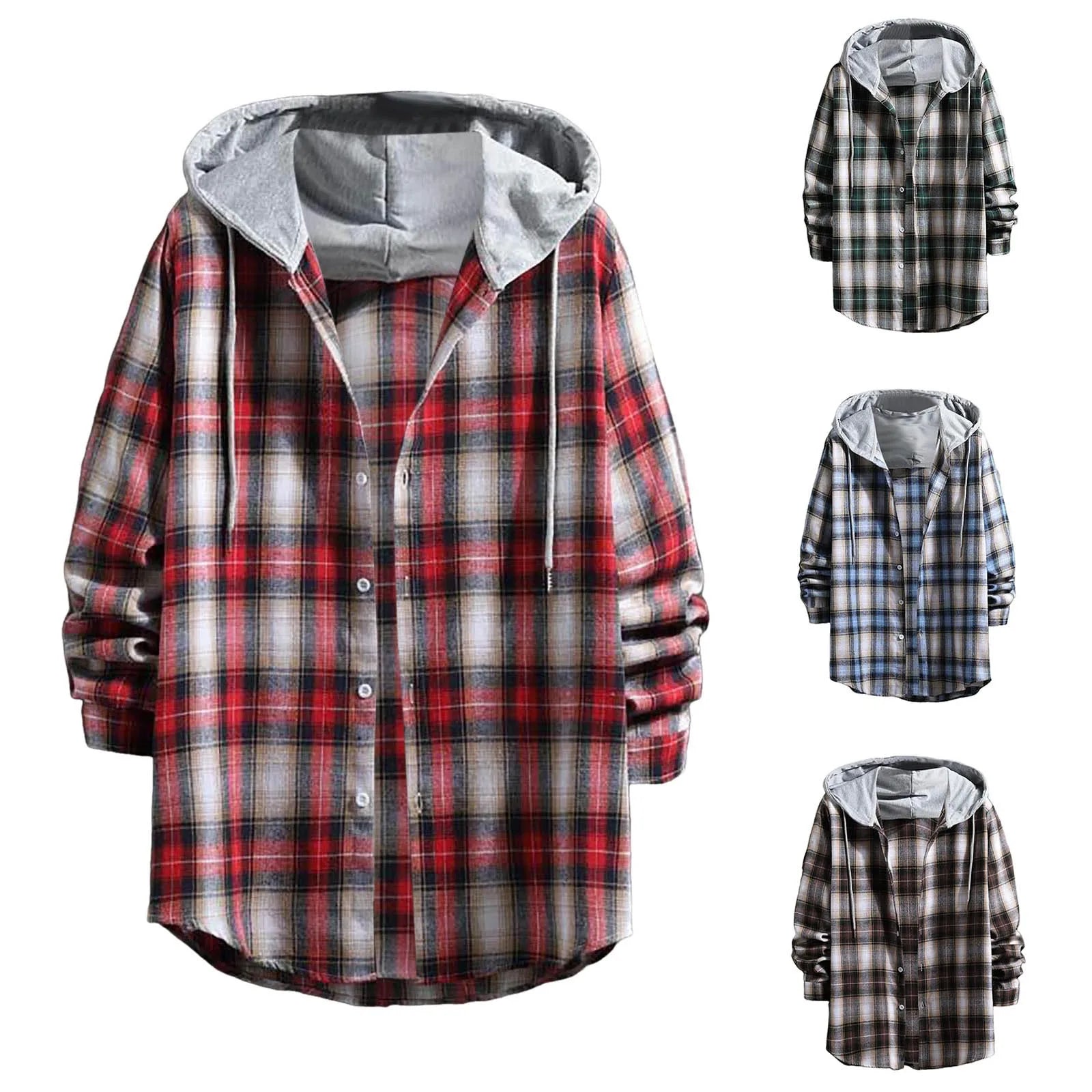 Men S Spring And Autumn Hooded Sweater Coat Fashion Casual Check Pocket Button Long Sleeve Shirt Plus Size Male Shirts