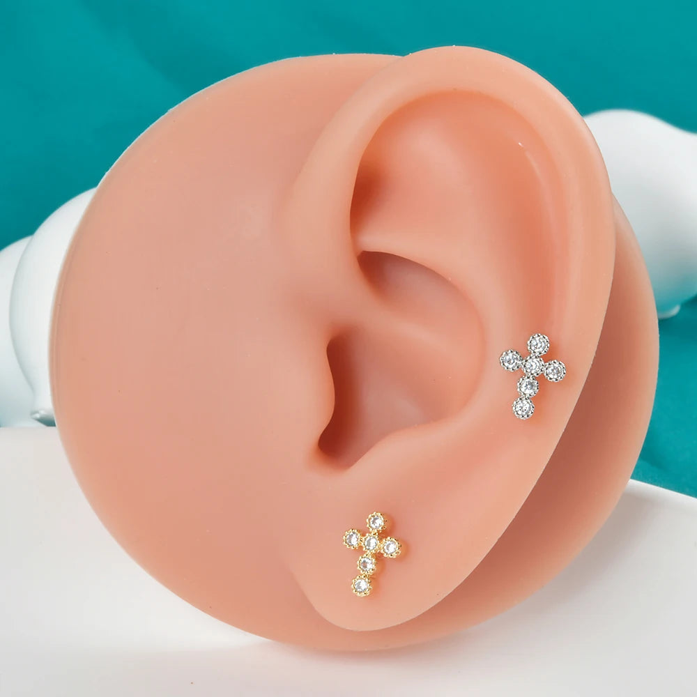 2PCS Cross Stud Earrings for Women Girls Men Labret Crystal CZ Helix Tragus Cartilage Ear Studs Punk 20G Piercing Jewelry