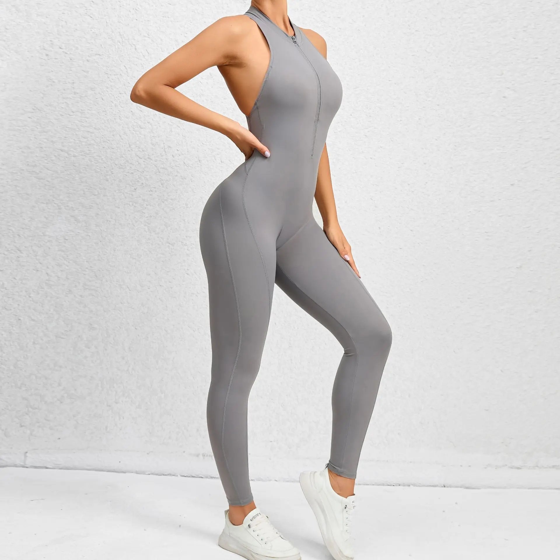 Sexy Hollow Backless Scrunch Sporty Jumpsuit Raises Butt Woman Gym Set One Piece Sport Suit Sleeveless Zip Yoga Fitness Overalls