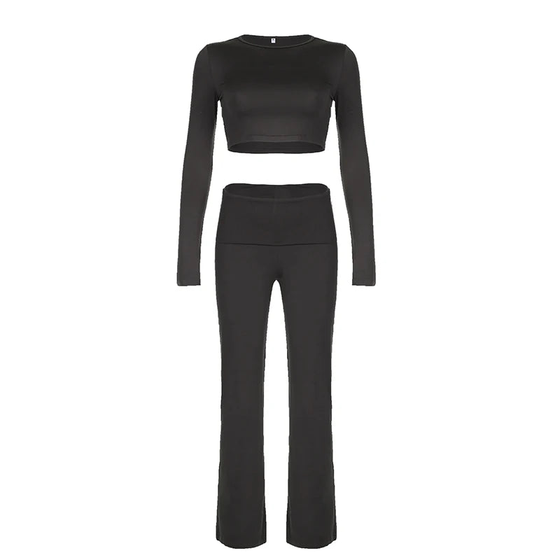 BIIKPIIK Yoga Casual Two Piece Set Concise Sporty Pants Suit For Women Fitness Long Sleeve Crop Top + Turndown Waist Pants Trend