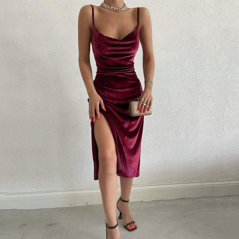 Sexy Slit Women Summer Velvet Midi Bodycon Dress Sleeveless Off Shoulder Backless Party Club Dresses Elegant Evening Robe