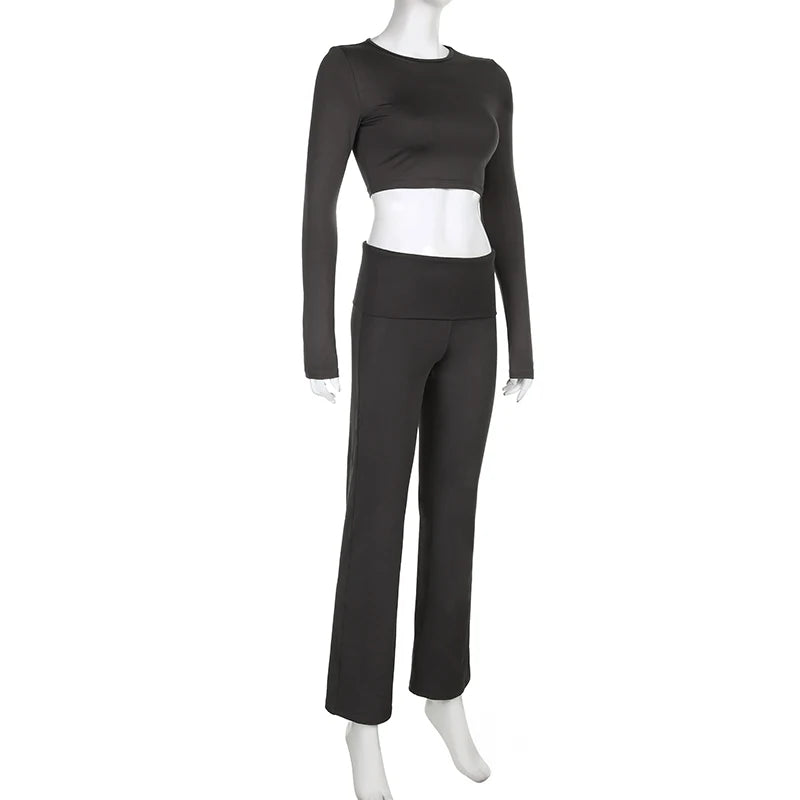 BIIKPIIK Yoga Casual Two Piece Set Concise Sporty Pants Suit For Women Fitness Long Sleeve Crop Top + Turndown Waist Pants Trend