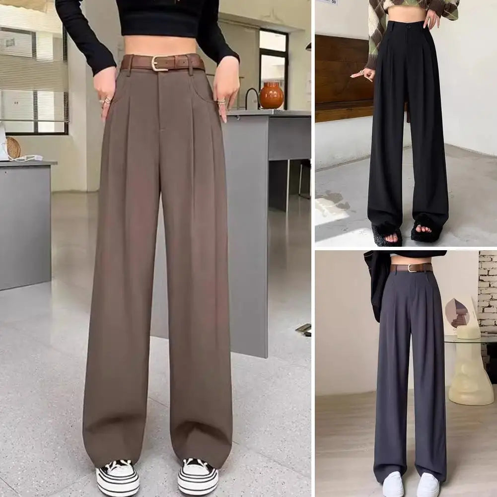 Women Pants Button Zipper Fly High Waist Office Lady Trousers With Pockets Solid Color Straight Wide Leg Versatile Suit Pants