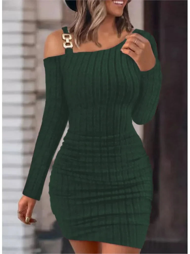 Autumn Winter New Women Dress Solid Button Oblique Off Shoulder Tight Wrap Hip Slim Sexy Long Sleeve Mini Dress Women Clothing