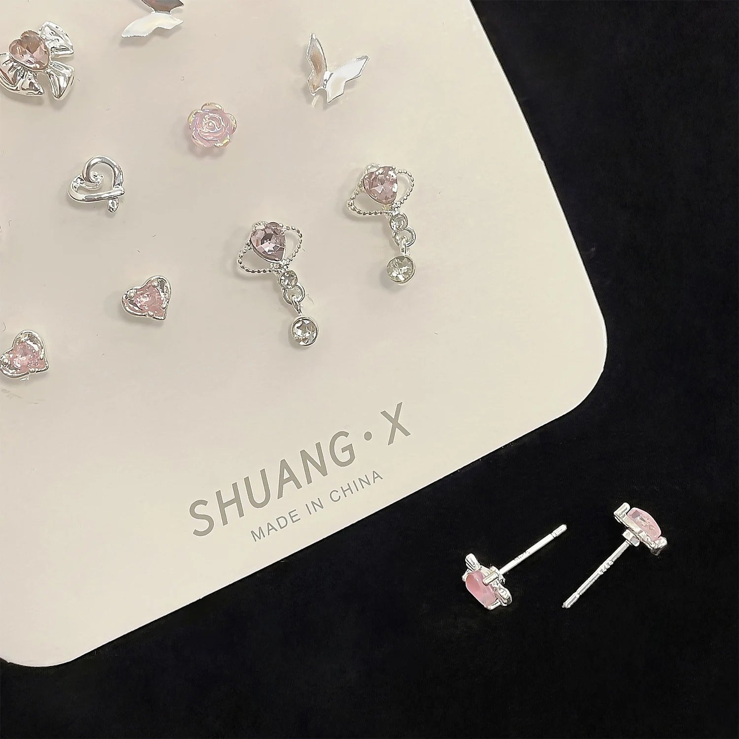 6Pairs/set Fashion Cute Pink Crystal Bowknot Heart Shape Stud Earrings Sets For Women Girls Ears Jewelry Party Y2k Accessories