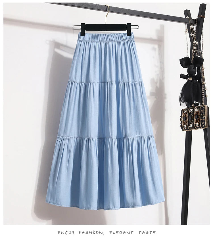 Women's Patchwork Denim Color Spliced A-line Skirt Tencel Big Swing Long Thin Skirt