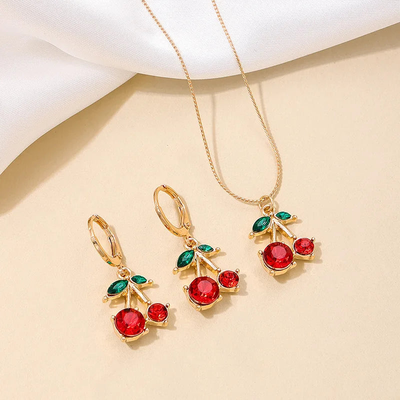 Summer Sweetness Cute Metal Delicacy Red Cherry Pendant Necklace Set for Women  Wedding Party Jewelry Sets Birthday Gift