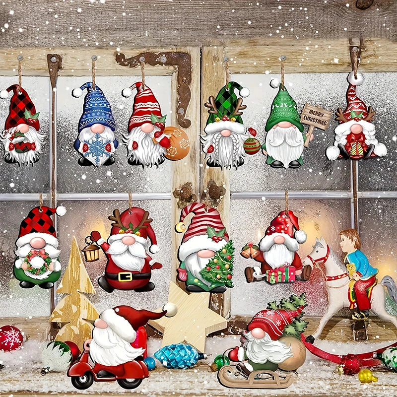 24/12PCS Christmas Wooden Santa Claus Multi Noface Santa Hanging Pendants 2025 Xmas Party Kids New Year Gifts Wrapping Supply