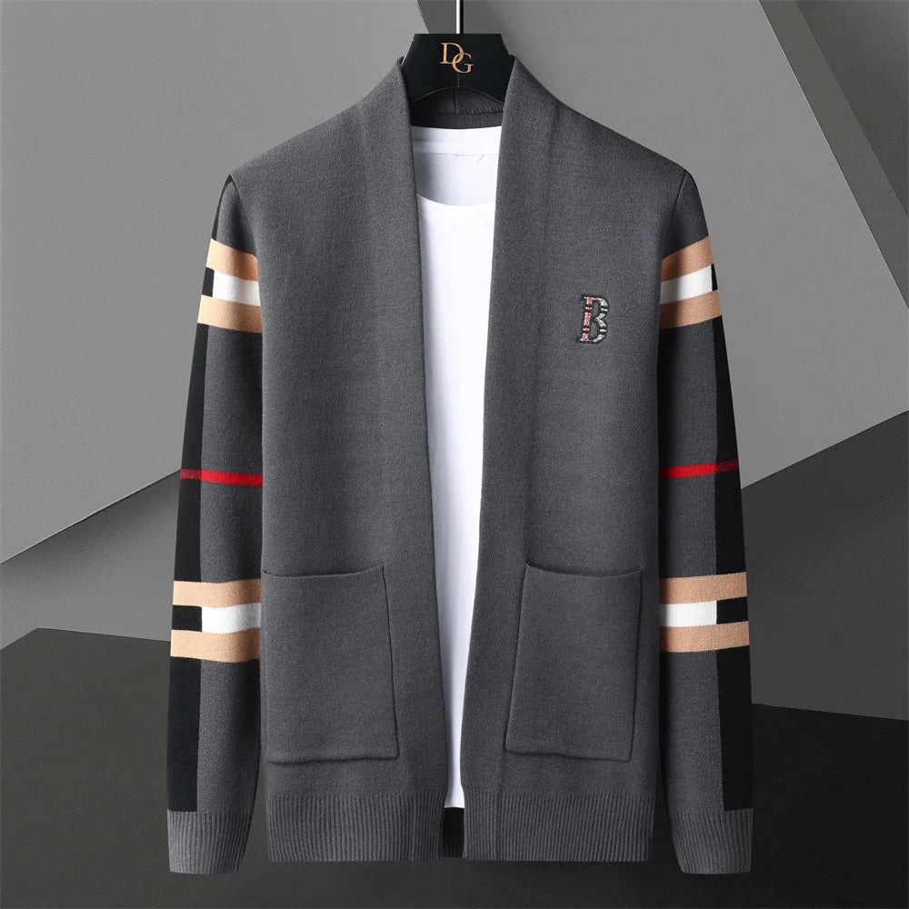 2023 Autumn New Men's Fashion British Style Spliced Colorful Cardigan Knitted Jacket Men's Casual Versatile Sweater Coat