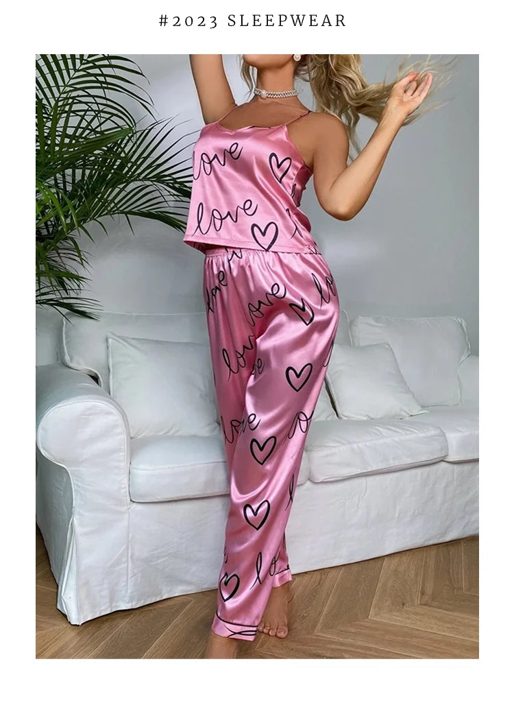 2 PCS Sexy Women Satin Pajamas Lingerie Sleepwear V Neck Sleeveless Suspenders and Pants Girl Pajamas Set Home Wear Loungewear