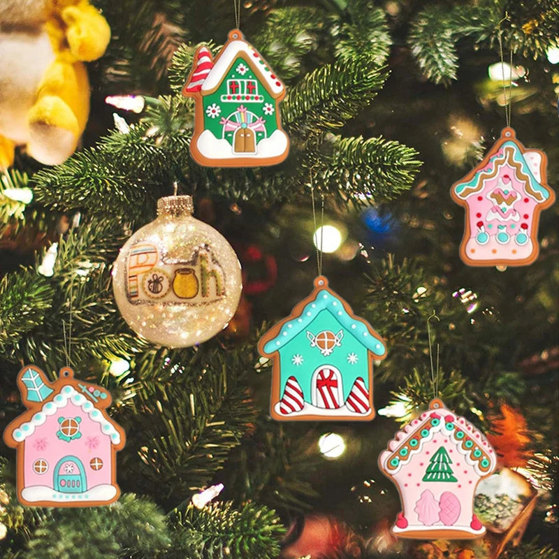 16pcs House Pendant For Christmas Tree Cute Mini Christmas Snow House Hanging Collection Creative Figurines House Pink Pendant