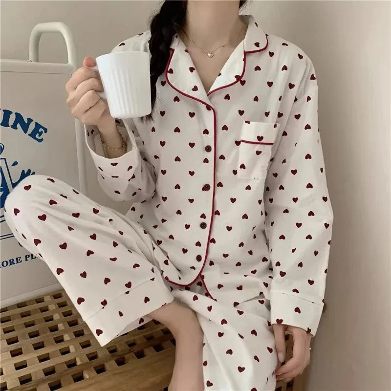 Large Size Sexy Nightwear Women Sleepwear Autumn and Winter Cardigan Home Wear Peach Heart Long Sleeves School Silk Pajamas